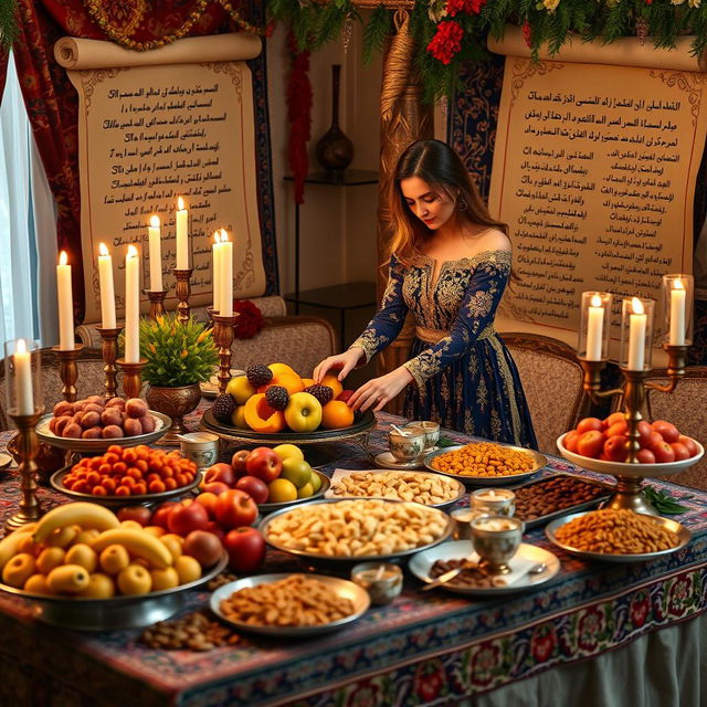 A beautiful Yalda Night celebration featuring a lavish spread of fruits, nuts, and Persian sweets on an elegantly decorated table