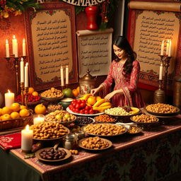 A beautiful Yalda Night celebration featuring a lavish spread of fruits, nuts, and Persian sweets on an elegantly decorated table