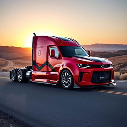A stunning Chevrolet Camaro designed as a semi-truck, showcasing a sleek and powerful body with aerodynamic curves and aggressive styling elements