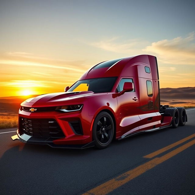 A stunning Chevrolet Camaro designed as a semi-truck, showcasing a sleek and powerful body with aerodynamic curves and aggressive styling elements