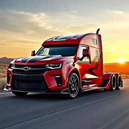 A stunning Chevrolet Camaro designed as a semi-truck, showcasing a sleek and powerful body with aerodynamic curves and aggressive styling elements