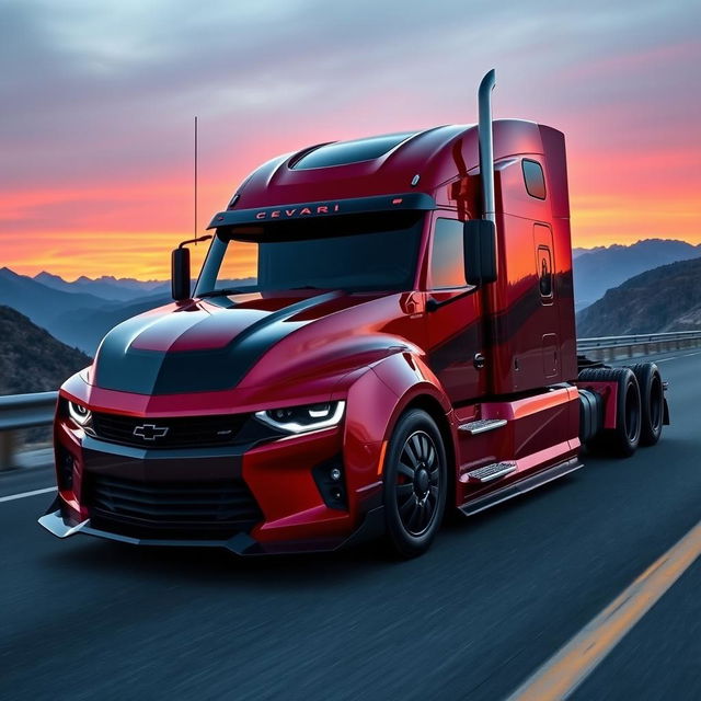 A sleek Chevrolet Camaro reimagined as a semi-truck, embodying a fusion of sports car aesthetics and heavy-duty utility