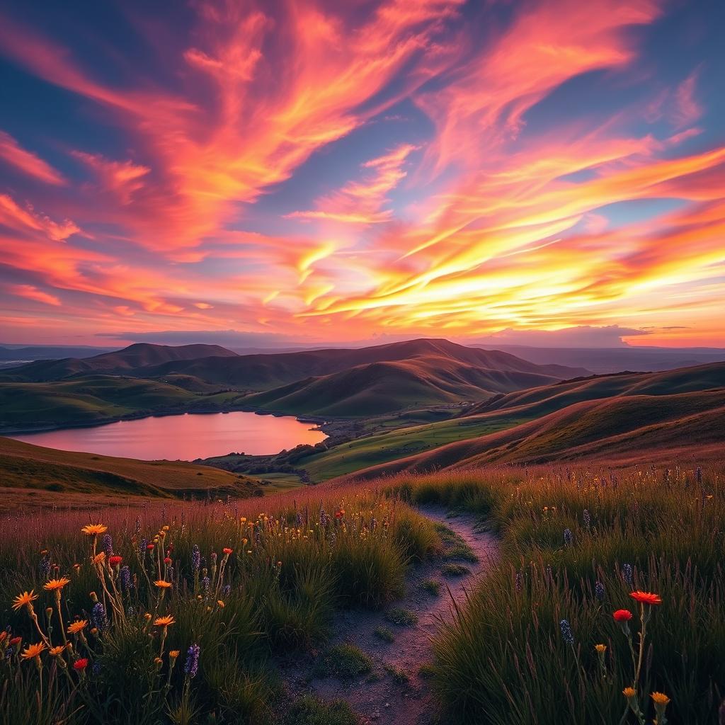 A beautifully enhanced landscape image featuring rolling hills under a vibrant sunset sky, with wispy clouds illuminated in shades of pink, orange, and purple