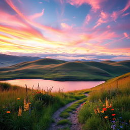 A beautifully enhanced landscape image featuring rolling hills under a vibrant sunset sky, with wispy clouds illuminated in shades of pink, orange, and purple