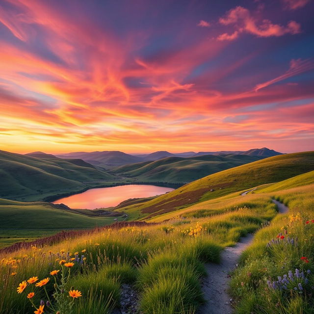 A beautifully enhanced landscape image featuring rolling hills under a vibrant sunset sky, with wispy clouds illuminated in shades of pink, orange, and purple