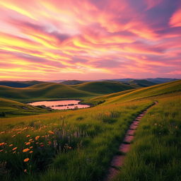 A beautifully enhanced landscape image featuring rolling hills under a vibrant sunset sky, with wispy clouds illuminated in shades of pink, orange, and purple