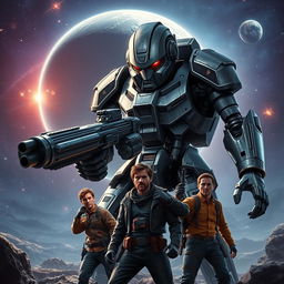 A dramatic space exploration scene featuring a menacing angry robot with metallic armor, towering over a group of humans