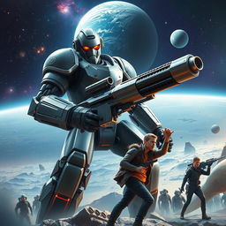 A dramatic space exploration scene featuring a menacing angry robot with metallic armor, towering over a group of humans