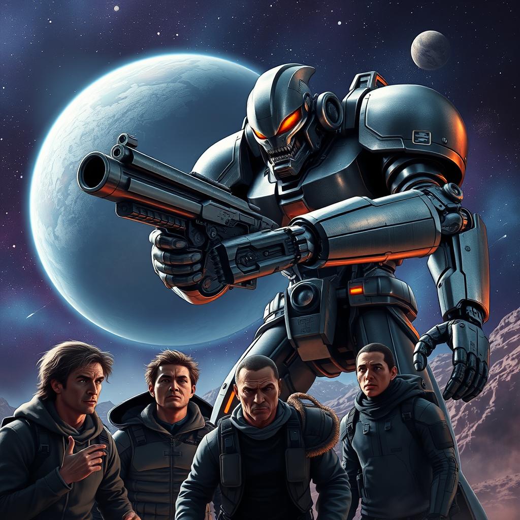 A dramatic space exploration scene featuring a menacing angry robot with metallic armor, towering over a group of humans