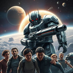 A dramatic space exploration scene featuring a menacing angry robot with metallic armor, towering over a group of humans