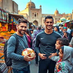 Lionel Messi and Cristiano Ronaldo in a lively marketplace in Iraq, engaging with local culture