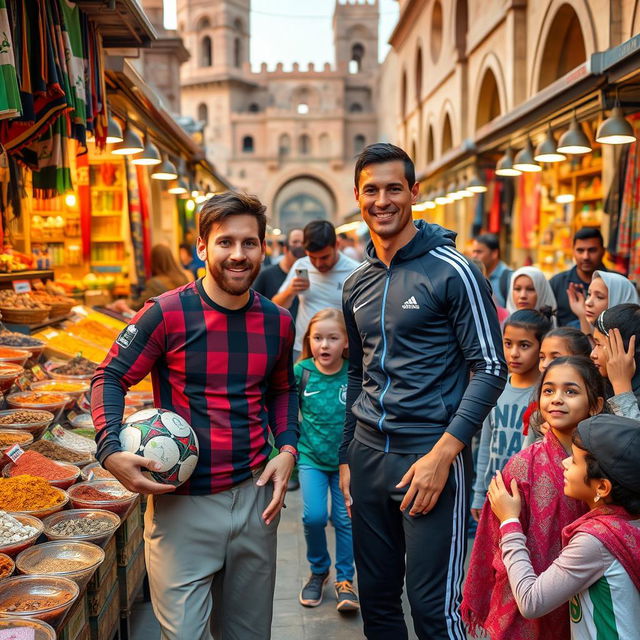 Lionel Messi and Cristiano Ronaldo in a lively marketplace in Iraq, engaging with local culture