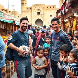 Lionel Messi and Cristiano Ronaldo in a lively marketplace in Iraq, engaging with local culture