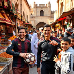 Lionel Messi and Cristiano Ronaldo in a lively marketplace in Iraq, engaging with local culture