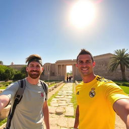 Lionel Messi and Cristiano Ronaldo visiting Iraq, exploring the ancient ruins of Babylon, showcasing their friendship and camaraderie, dressed in casual sporty attire, with smiles on their faces, standing in front of the iconic Ishtar Gate, surrounded by lush greenery and historic architecture, bright blue sky overhead, vibrant sunset casting warm golden light on them, capturing the essence of travel and sportsmanship