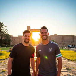 Lionel Messi and Cristiano Ronaldo visiting Iraq, exploring the ancient ruins of Babylon, showcasing their friendship and camaraderie, dressed in casual sporty attire, with smiles on their faces, standing in front of the iconic Ishtar Gate, surrounded by lush greenery and historic architecture, bright blue sky overhead, vibrant sunset casting warm golden light on them, capturing the essence of travel and sportsmanship
