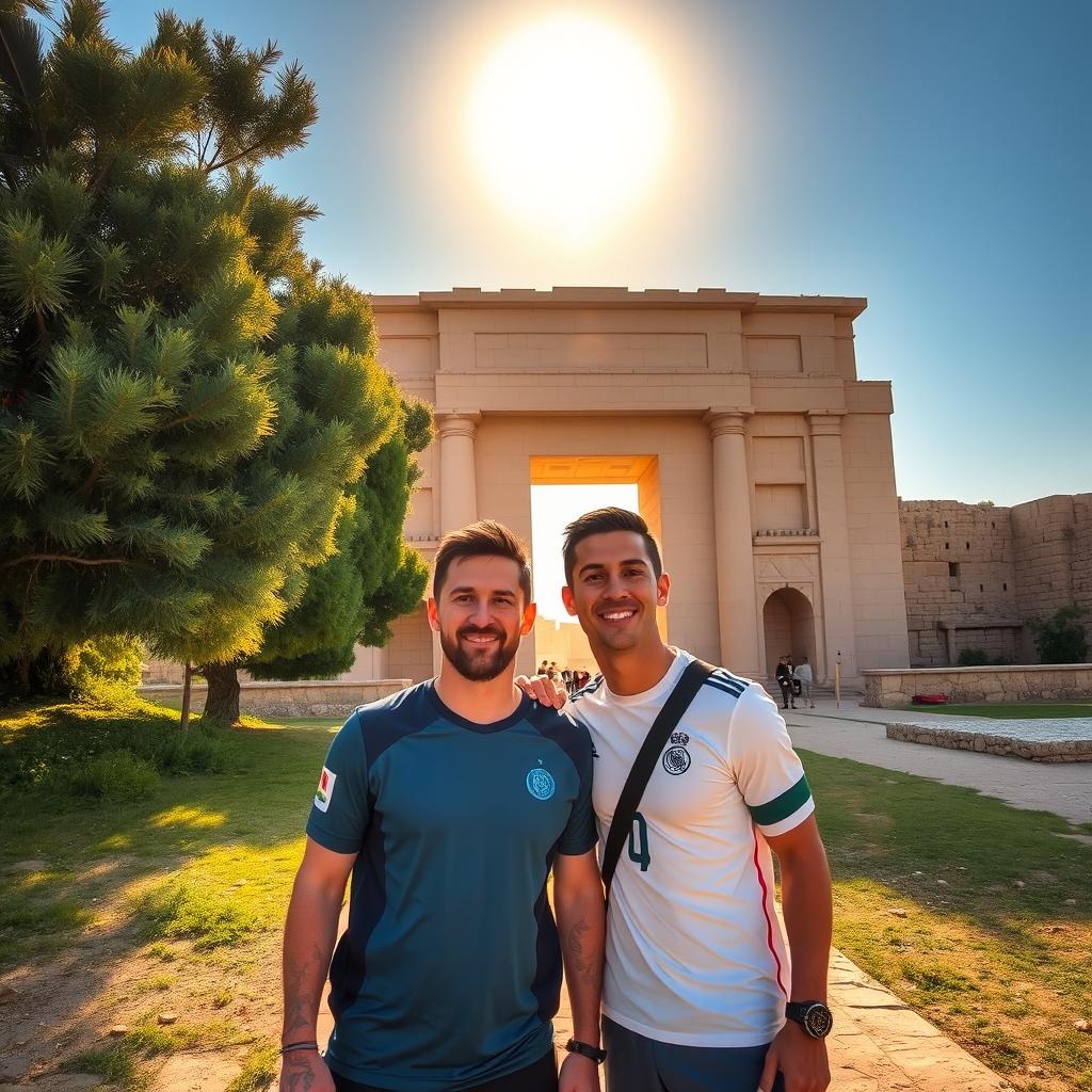 Lionel Messi and Cristiano Ronaldo visiting Iraq, exploring the ancient ruins of Babylon, showcasing their friendship and camaraderie, dressed in casual sporty attire, with smiles on their faces, standing in front of the iconic Ishtar Gate, surrounded by lush greenery and historic architecture, bright blue sky overhead, vibrant sunset casting warm golden light on them, capturing the essence of travel and sportsmanship