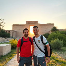 Lionel Messi and Cristiano Ronaldo visiting Iraq, exploring the ancient ruins of Babylon, showcasing their friendship and camaraderie, dressed in casual sporty attire, with smiles on their faces, standing in front of the iconic Ishtar Gate, surrounded by lush greenery and historic architecture, bright blue sky overhead, vibrant sunset casting warm golden light on them, capturing the essence of travel and sportsmanship