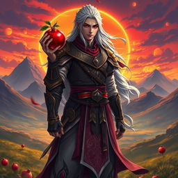 A heroic warrior named Yone, standing tall in a mystical landscape, holding a vibrant pomegranate in one hand