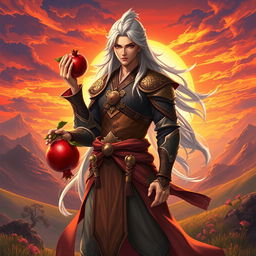 A heroic warrior named Yone, standing tall in a mystical landscape, holding a vibrant pomegranate in one hand