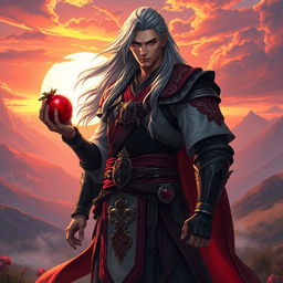 A heroic warrior named Yone, standing tall in a mystical landscape, holding a vibrant pomegranate in one hand