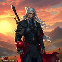 A heroic warrior named Yone, standing tall in a mystical landscape, holding a vibrant pomegranate in one hand