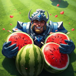 A whimsical portrayal of the character Garen from League of Legends, joyfully surrounded by four large, vibrant watermelons