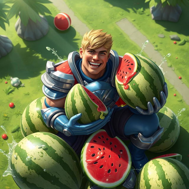 A whimsical portrayal of the character Garen from League of Legends, joyfully surrounded by four large, vibrant watermelons