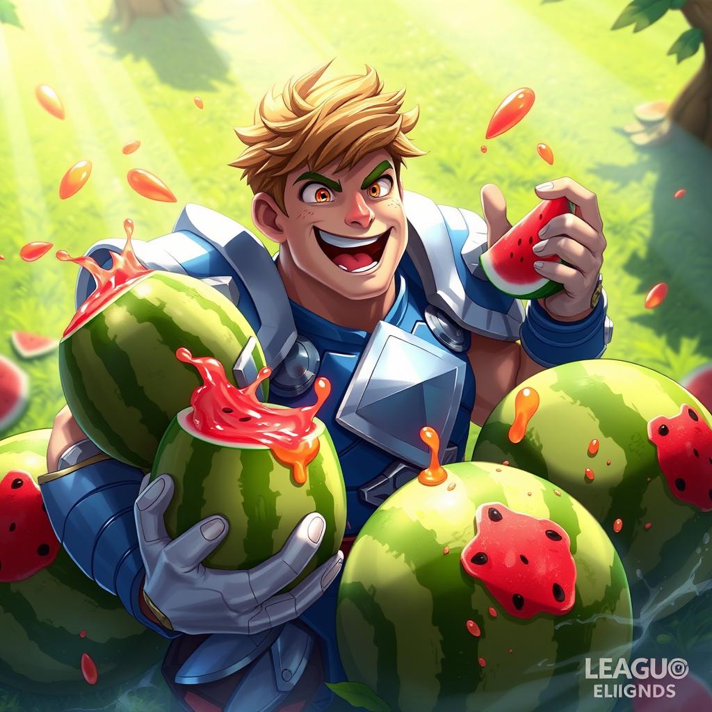 A whimsical portrayal of the character Garen from League of Legends, joyfully surrounded by four large, vibrant watermelons