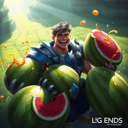 A whimsical portrayal of the character Garen from League of Legends, joyfully surrounded by four large, vibrant watermelons