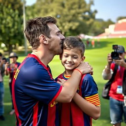 Lionel Messi wearing a Barcelona football shirt, in a warm and affectionate moment, kissing the head of Ayman Hussein Al Iraqi, a young boy dressed in casual attire with a bright smile