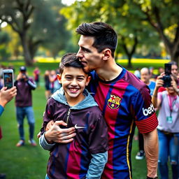 Lionel Messi wearing a Barcelona football shirt, in a warm and affectionate moment, kissing the head of Ayman Hussein Al Iraqi, a young boy dressed in casual attire with a bright smile