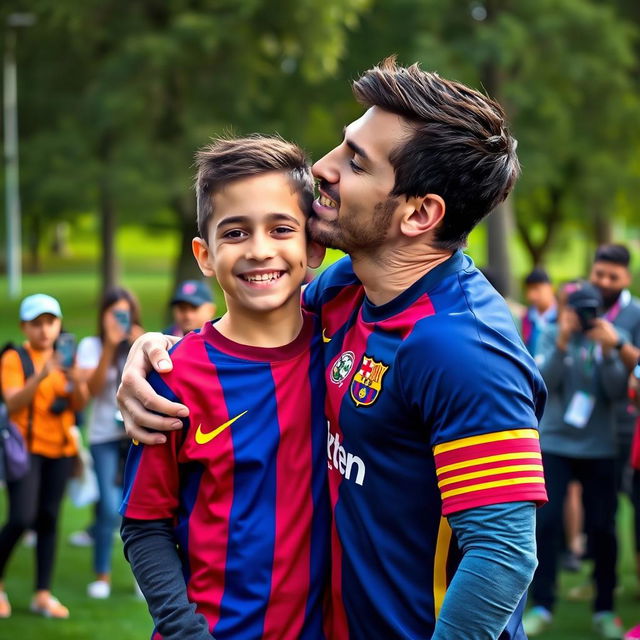 Lionel Messi wearing a Barcelona football shirt, in a warm and affectionate moment, kissing the head of Ayman Hussein Al Iraqi, a young boy dressed in casual attire with a bright smile