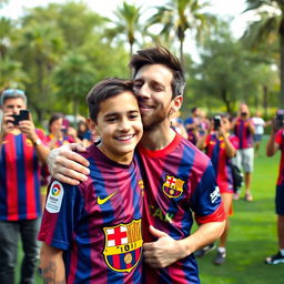 Lionel Messi wearing a Barcelona football shirt, in a warm and affectionate moment, kissing the head of Ayman Hussein Al Iraqi, a young boy dressed in casual attire with a bright smile