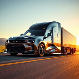 A Chevrolet Camaro reimagined as a semi-truck, showcasing an innovative blend of speed and luxury