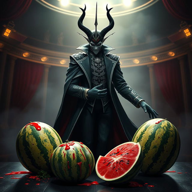 A captivating scene featuring Jhin, the virtuoso character from League of Legends, elegantly posed in a theatrical setting surrounded by four vibrant watermelons