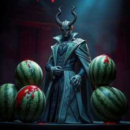 A captivating scene featuring Jhin, the virtuoso character from League of Legends, elegantly posed in a theatrical setting surrounded by four vibrant watermelons