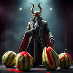 A captivating scene featuring Jhin, the virtuoso character from League of Legends, elegantly posed in a theatrical setting surrounded by four vibrant watermelons