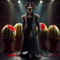 A captivating scene featuring Jhin, the virtuoso character from League of Legends, elegantly posed in a theatrical setting surrounded by four vibrant watermelons