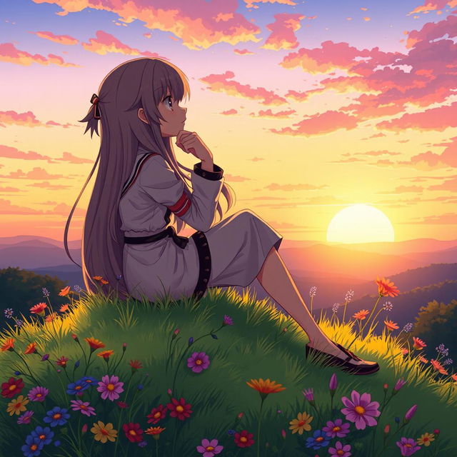 An anime character sitting on a hilltop, gazing into the distance with a contemplative expression