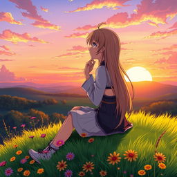 An anime character sitting on a hilltop, gazing into the distance with a contemplative expression