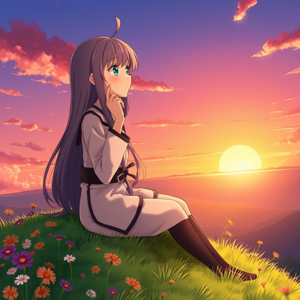 An anime character sitting on a hilltop, gazing into the distance with a contemplative expression