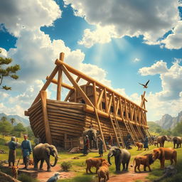 A vivid and detailed scene of Noah's Ark being constructed, showcasing large wooden beams being assembled into a massive ship