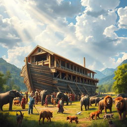 A vivid and detailed scene of Noah's Ark being constructed, showcasing large wooden beams being assembled into a massive ship