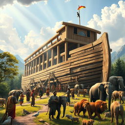 A vivid and detailed scene of Noah's Ark being constructed, showcasing large wooden beams being assembled into a massive ship