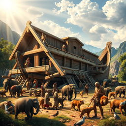 A vivid and detailed scene of Noah's Ark being constructed, showcasing large wooden beams being assembled into a massive ship