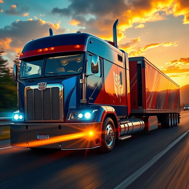 A stunning depiction of Optimus Prime as a semi-truck, emphasizing his role in revolutionizing speed and luxury