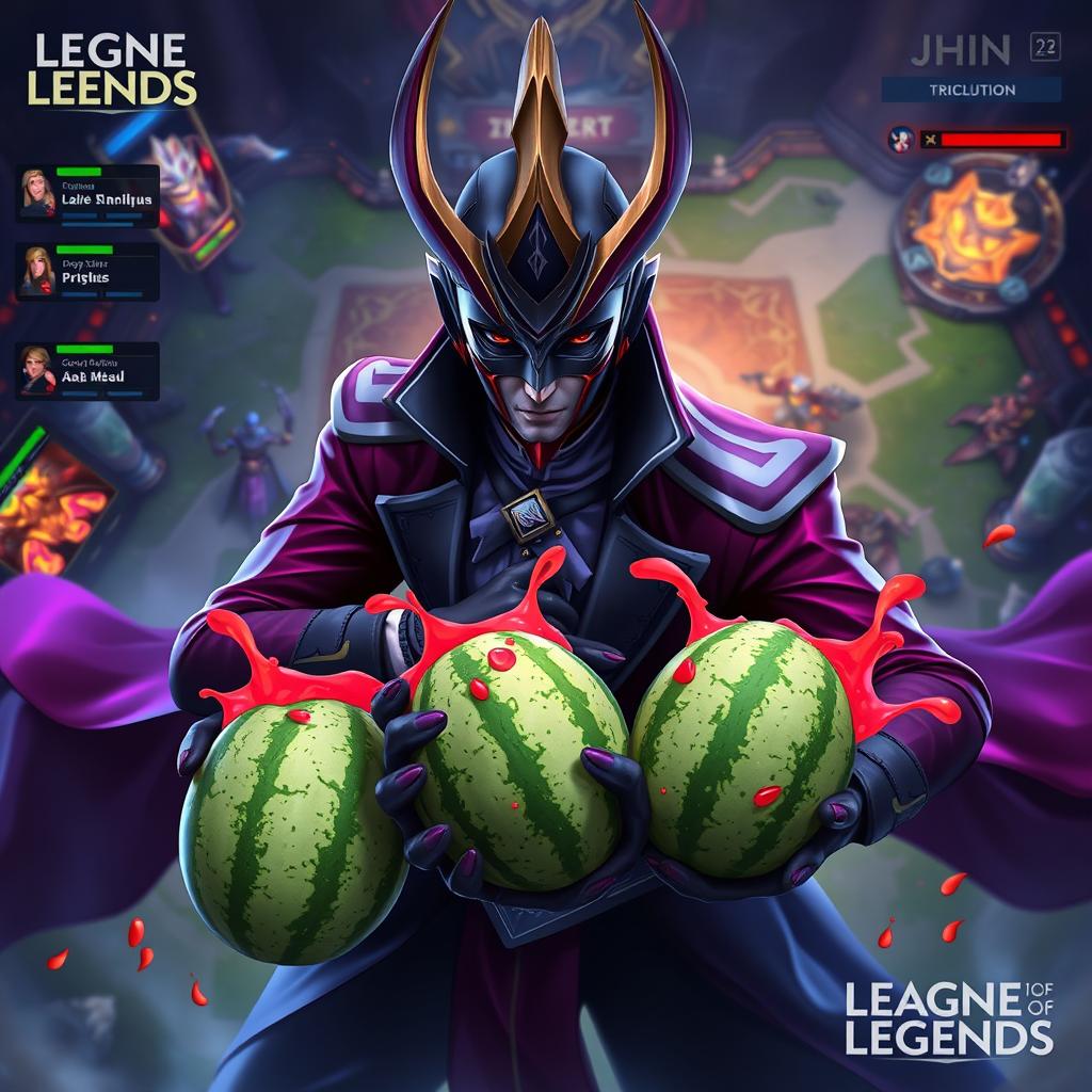 An action-packed in-game screenshot of Jhin, the virtuoso from League of Legends, expertly positioned on the battlefield with four bright, juicy watermelons scattered around him