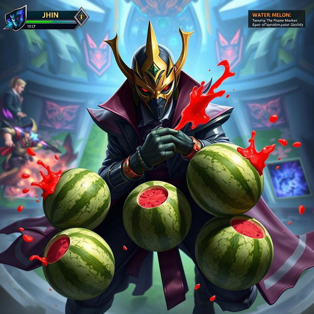 An action-packed in-game screenshot of Jhin, the virtuoso from League of Legends, expertly positioned on the battlefield with four bright, juicy watermelons scattered around him