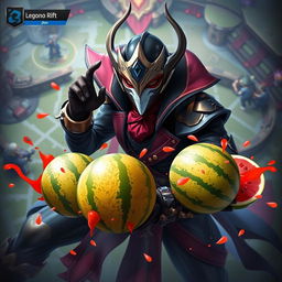 An action-packed in-game screenshot of Jhin, the virtuoso from League of Legends, expertly positioned on the battlefield with four bright, juicy watermelons scattered around him